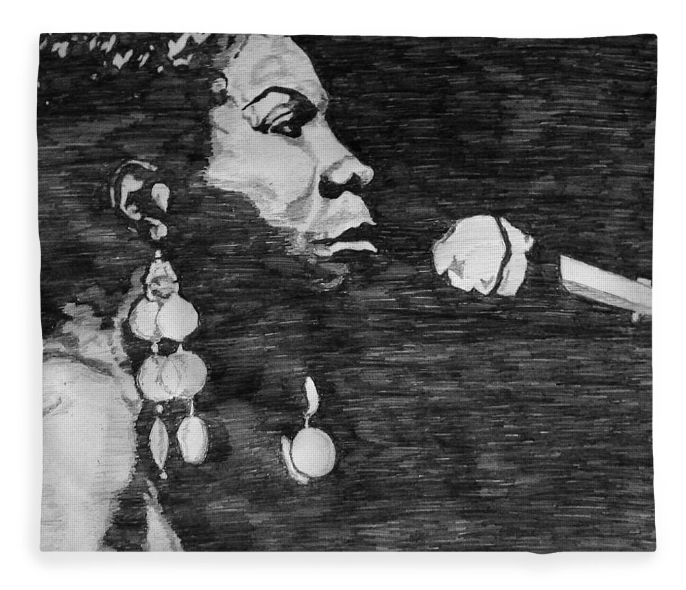 Nina Simone Fleece Blanket featuring the drawing Nina Simone by Rachel Natalie Rawlins