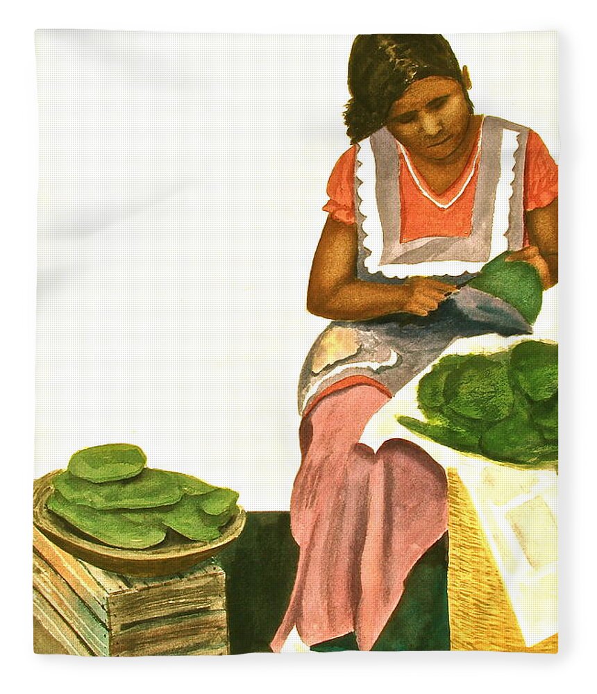Mexico Fleece Blanket featuring the painting Nopalita Senorita by Frank SantAgata