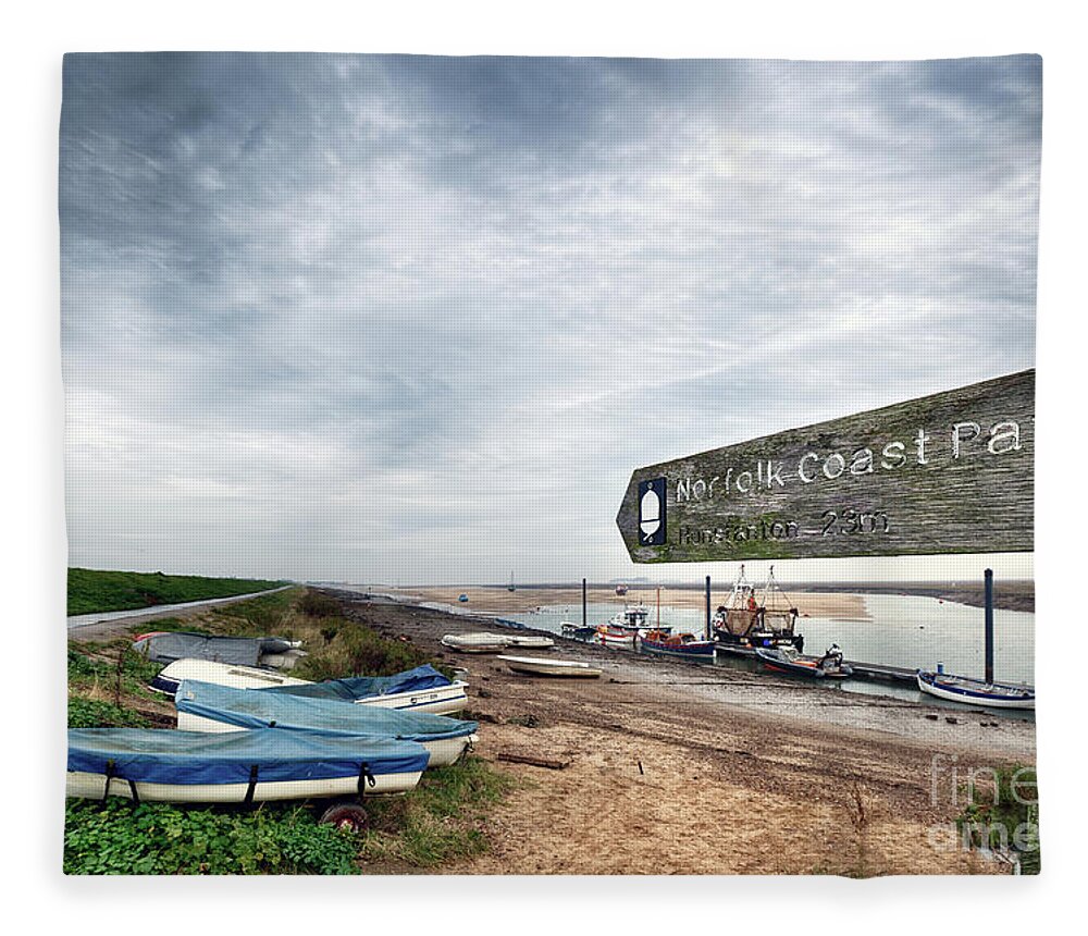 Norfolk Fleece Blanket featuring the photograph Norfolk coastal path sign and boats by Simon Bratt