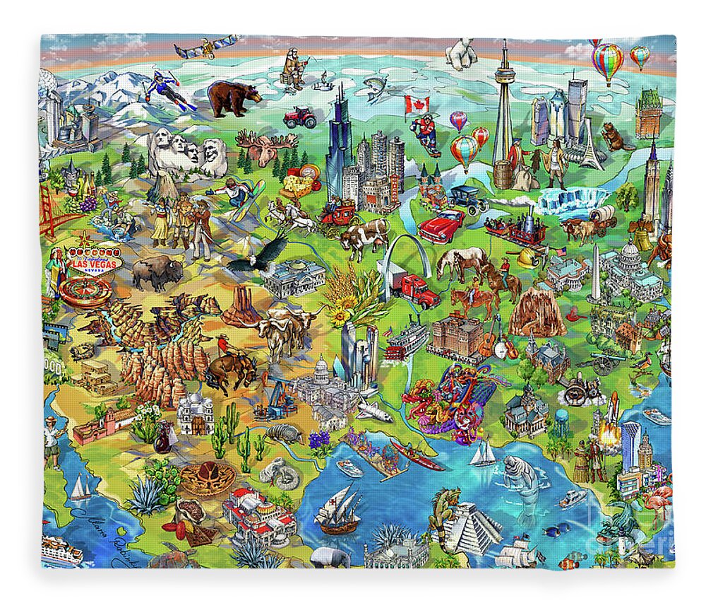 Los Angeles; Santa Barbara; Us; Usa; Maria Rabinky; Rabinky; New York; Illustrated Map; United States; Chicago; San Francisco; Pictorial Map; America; Colorful Map Of America Fleece Blanket featuring the painting North America Wonders Map Illustration by Maria Rabinky