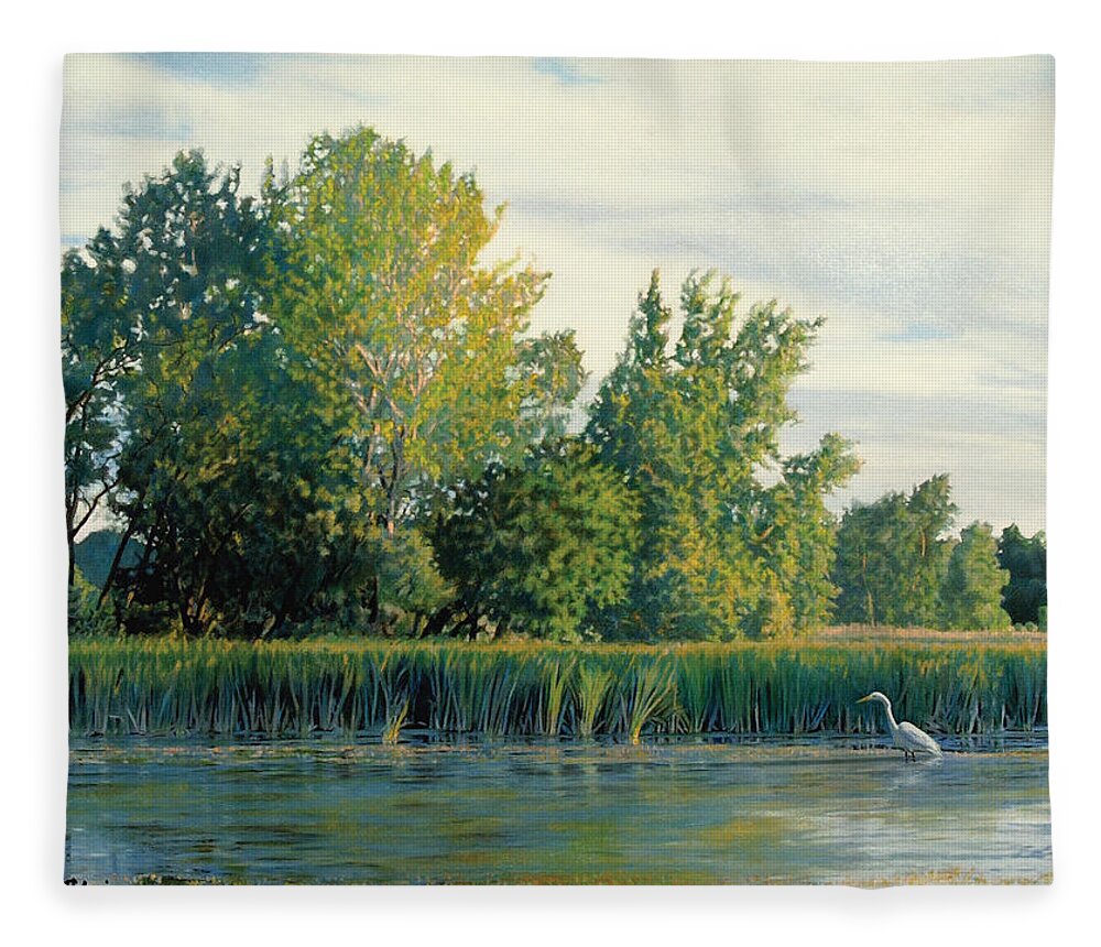 Great Egret Fleece Blanket featuring the drawing North of the Grade-Great Egret by Bruce Morrison