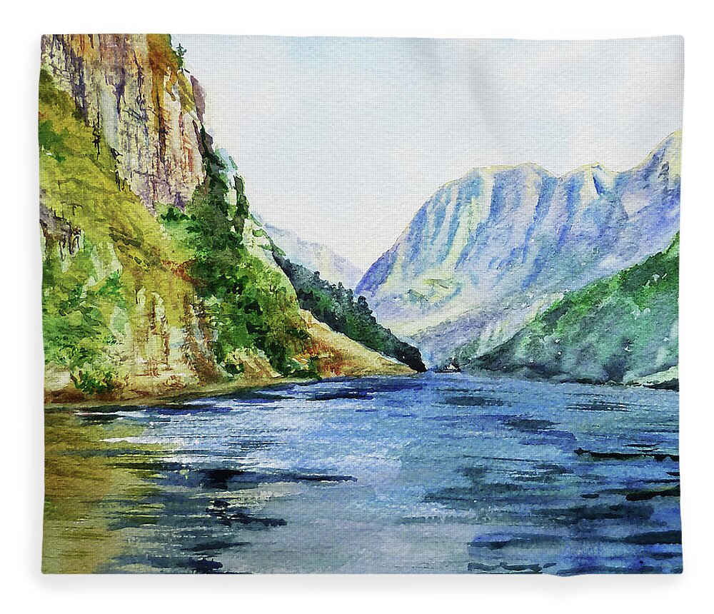 Northern Fleece Blanket featuring the painting Northern Mountain Lake Watercolor by Irina Sztukowski
