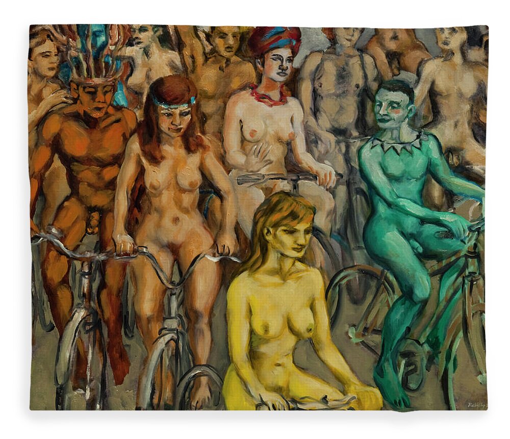 Body-paint Fleece Blanket featuring the painting Nude cyclists with bodypaint by Peregrine Roskilly