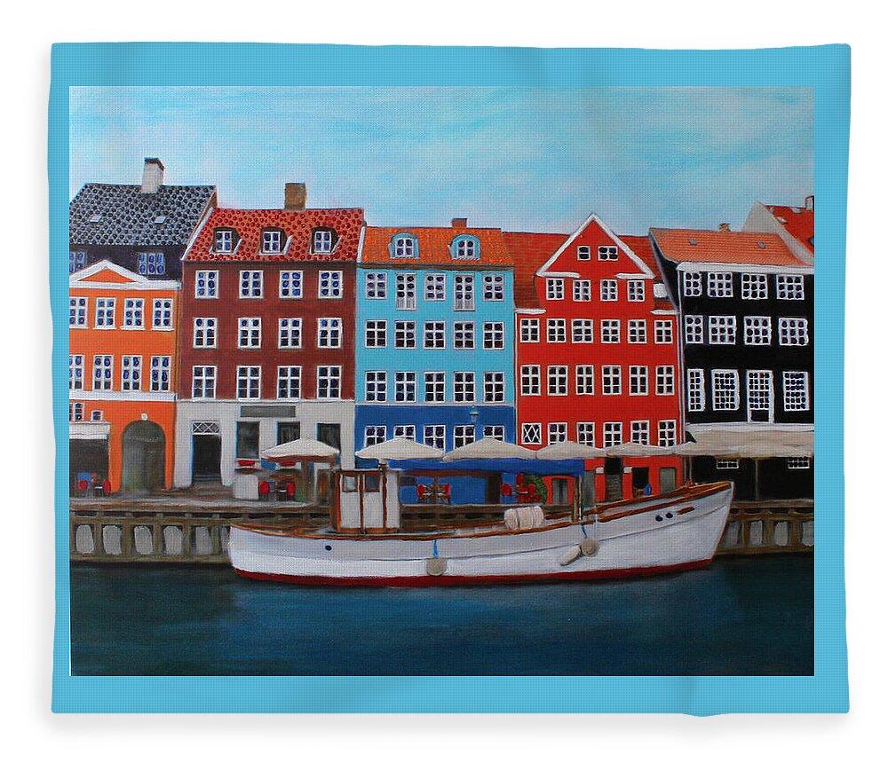Copenhagen Fleece Blanket featuring the painting Nyhavn Copenhagen by Deborah Boyd