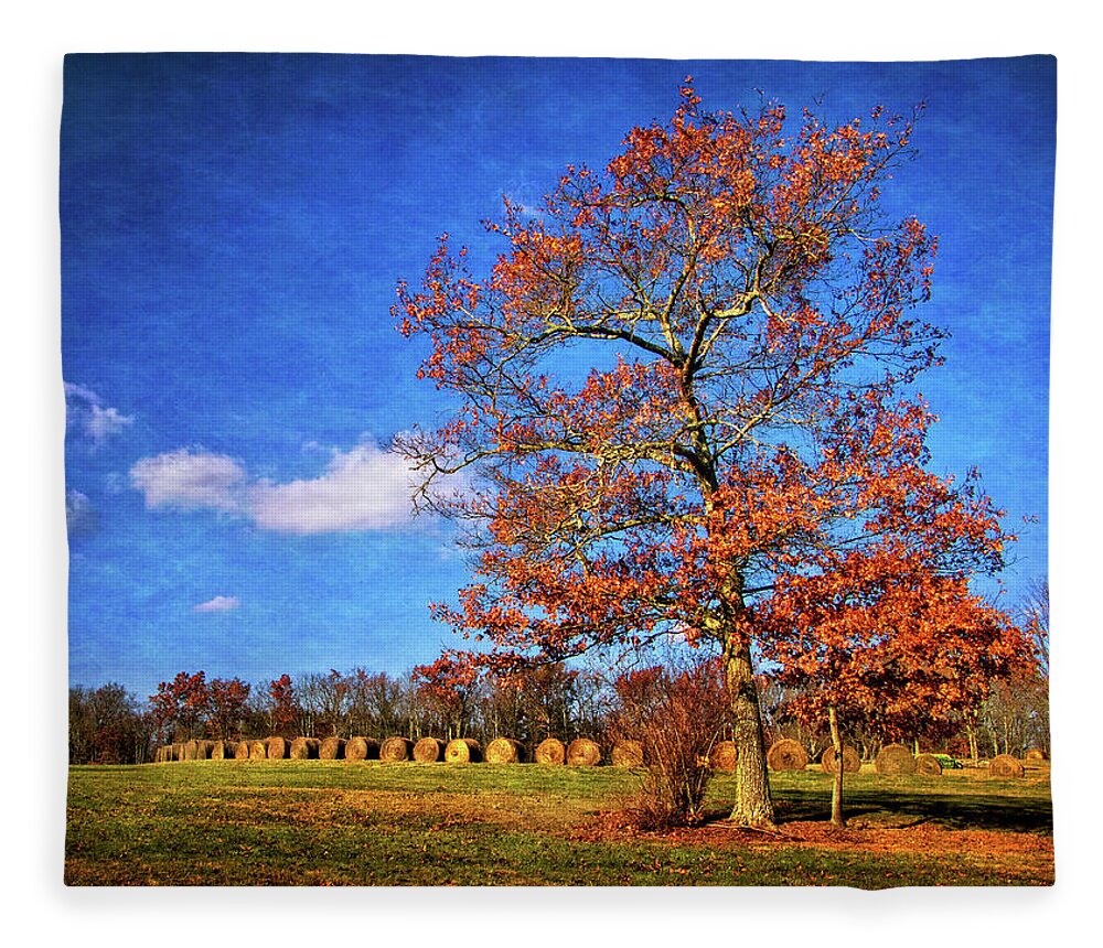 Oak Tree And Hay Bales Fleece Blanket featuring the photograph Oak Tree and Hay Bales by Carolyn Derstine