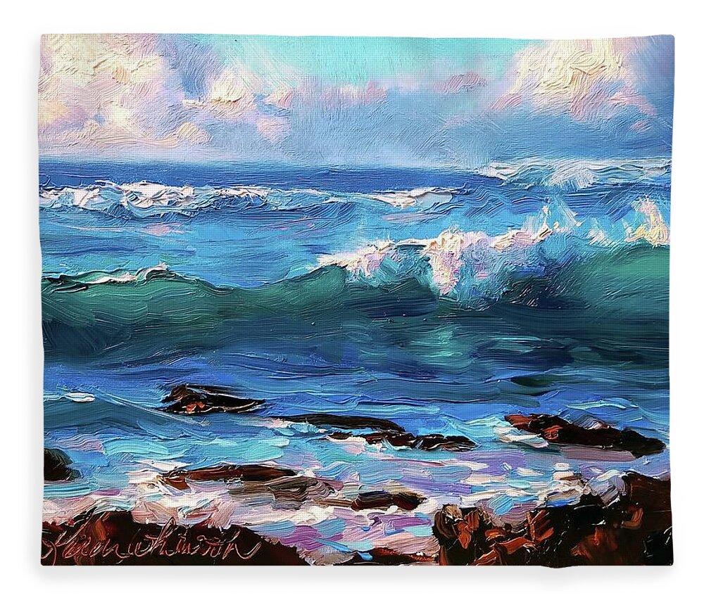Seascape Fleece Blanket featuring the painting Coastal Ocean Sunset at Turtle Bay, Oahu Hawaii Beach seascape by K Whitworth