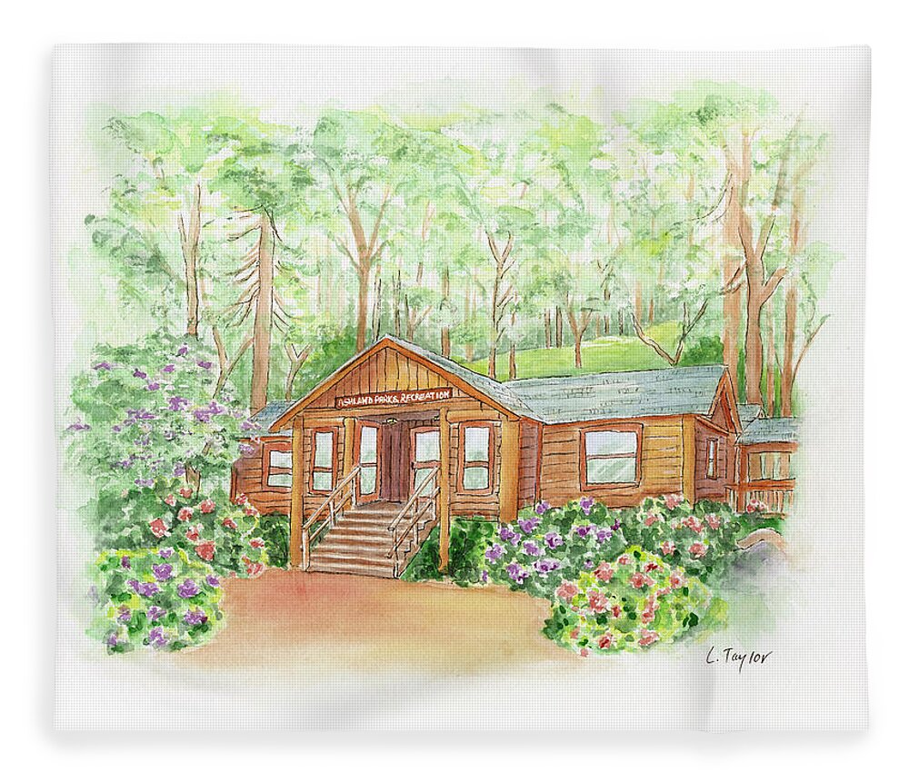 Log Cabin Fleece Blanket featuring the painting Office in the Park by Lori Taylor