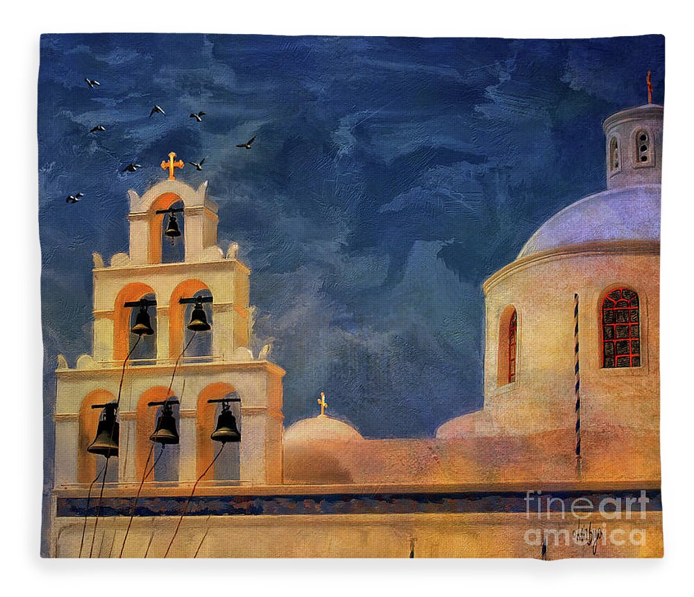 Church Fleece Blanket featuring the digital art Oia Sunset Imagined by Lois Bryan