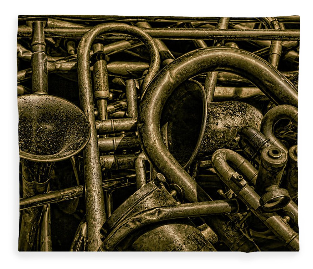 Old Fleece Blanket featuring the photograph Old Brass Musical Instruments by David Gordon