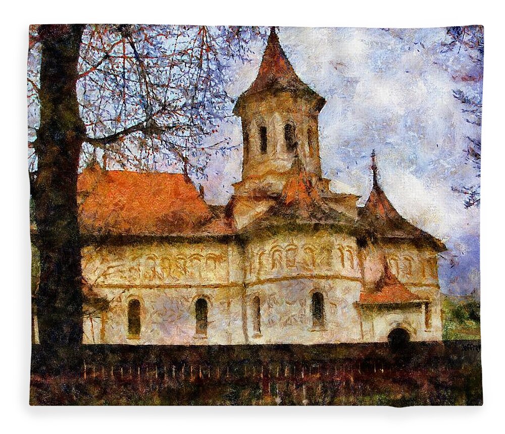 Romania Fleece Blanket featuring the painting Old Church with Red Roof by Jeffrey Kolker