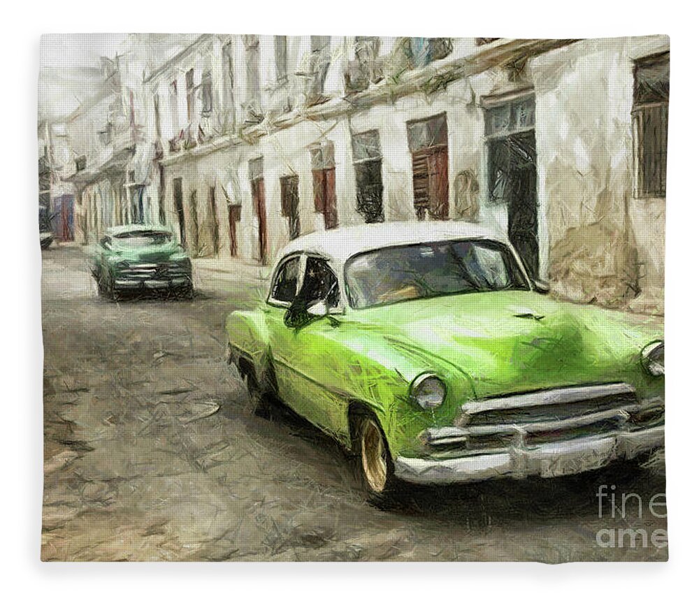 Car Fleece Blanket featuring the drawing Old Green Car by Daliana Pacuraru