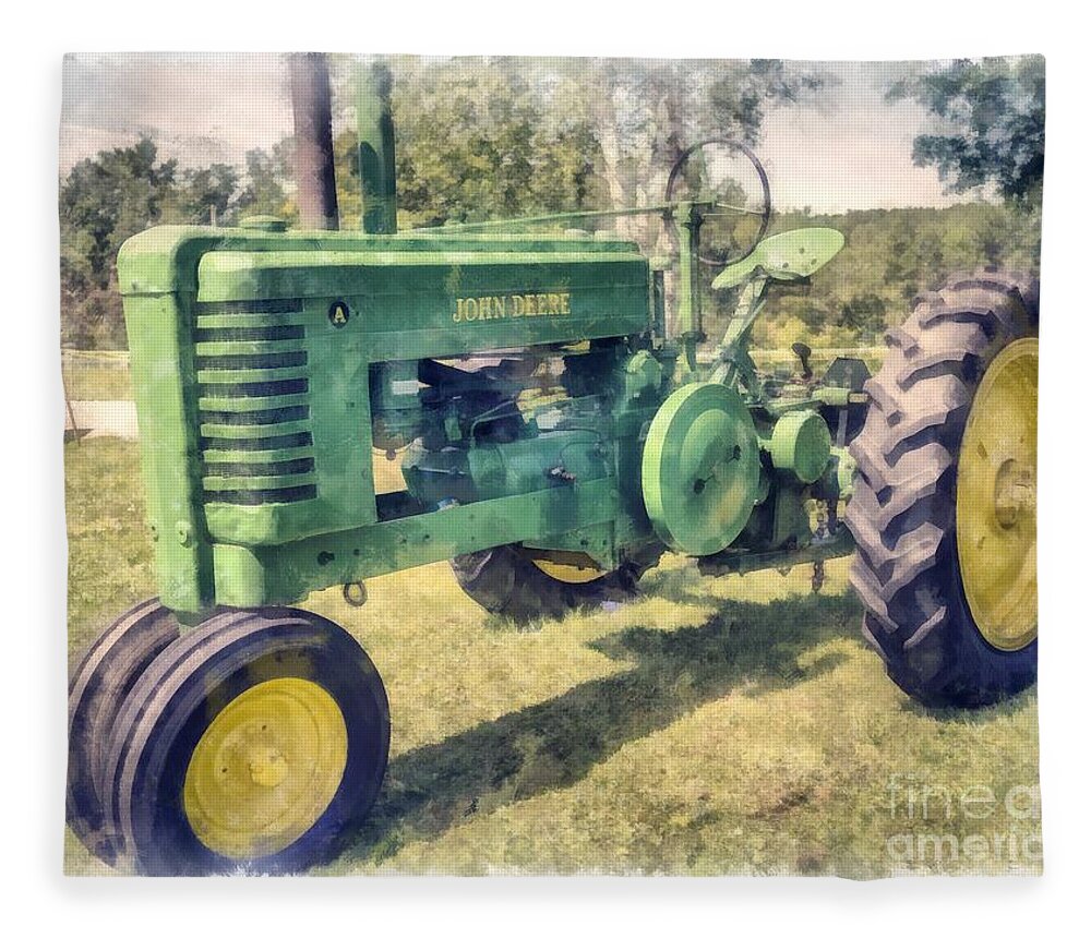 Tractor Fleece Blanket featuring the digital art Old Green Vintage Tractor Watercolor by Edward Fielding