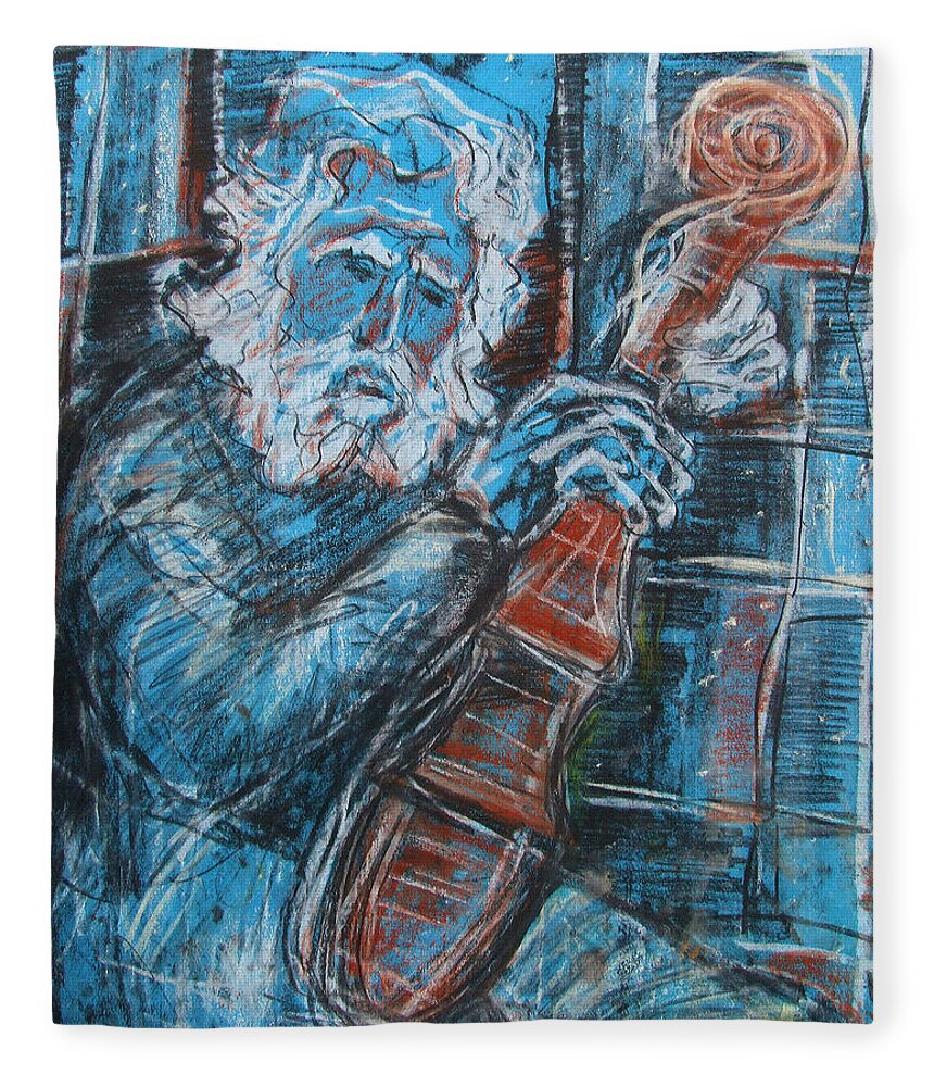Original Art Pastel Chalk Drawing Old Man White Beard Playing Violin Fleece Blanket featuring the pastel Old Man's Violin by Katt Yanda