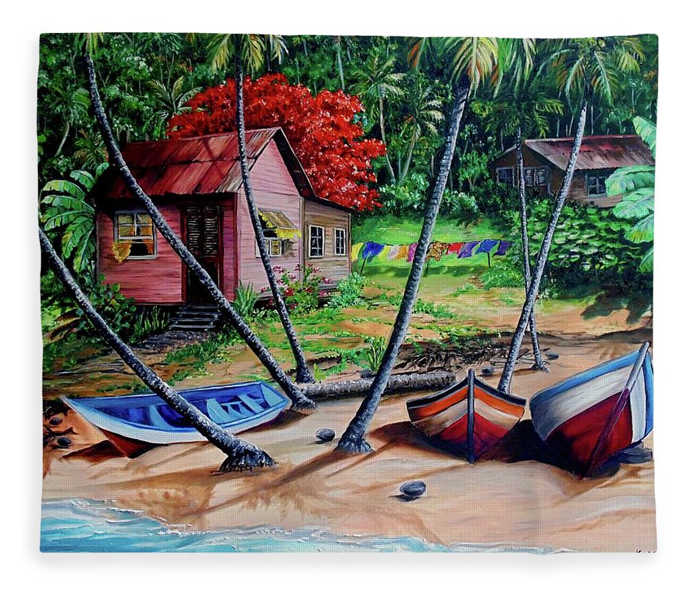 Tropical Fleece Blanket featuring the painting Old Palatuvia Tobago by Karin Dawn Kelshall- Best