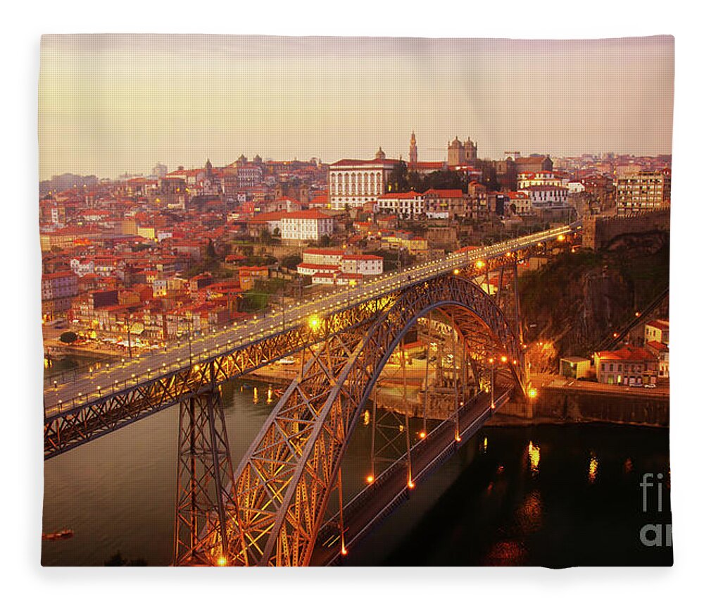 Sunset Fleece Blanket featuring the photograph old Porto at Pink Sunset, Portugal by Anastasy Yarmolovich