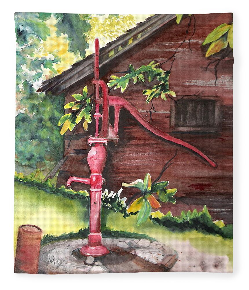 Red Fleece Blanket featuring the painting Old Red Pump by Marsha Woods