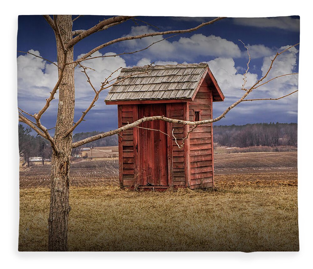 Outhouse Fleece Blanket featuring the photograph Old Rustic Wooden Outhouse in West Michigan by Randall Nyhof