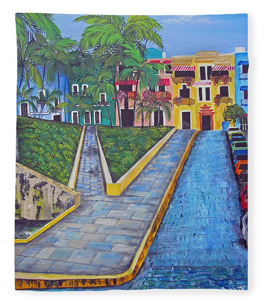 Old San Juan Fleece Blanket featuring the painting Old San Juan by Gloria E Barreto-Rodriguez