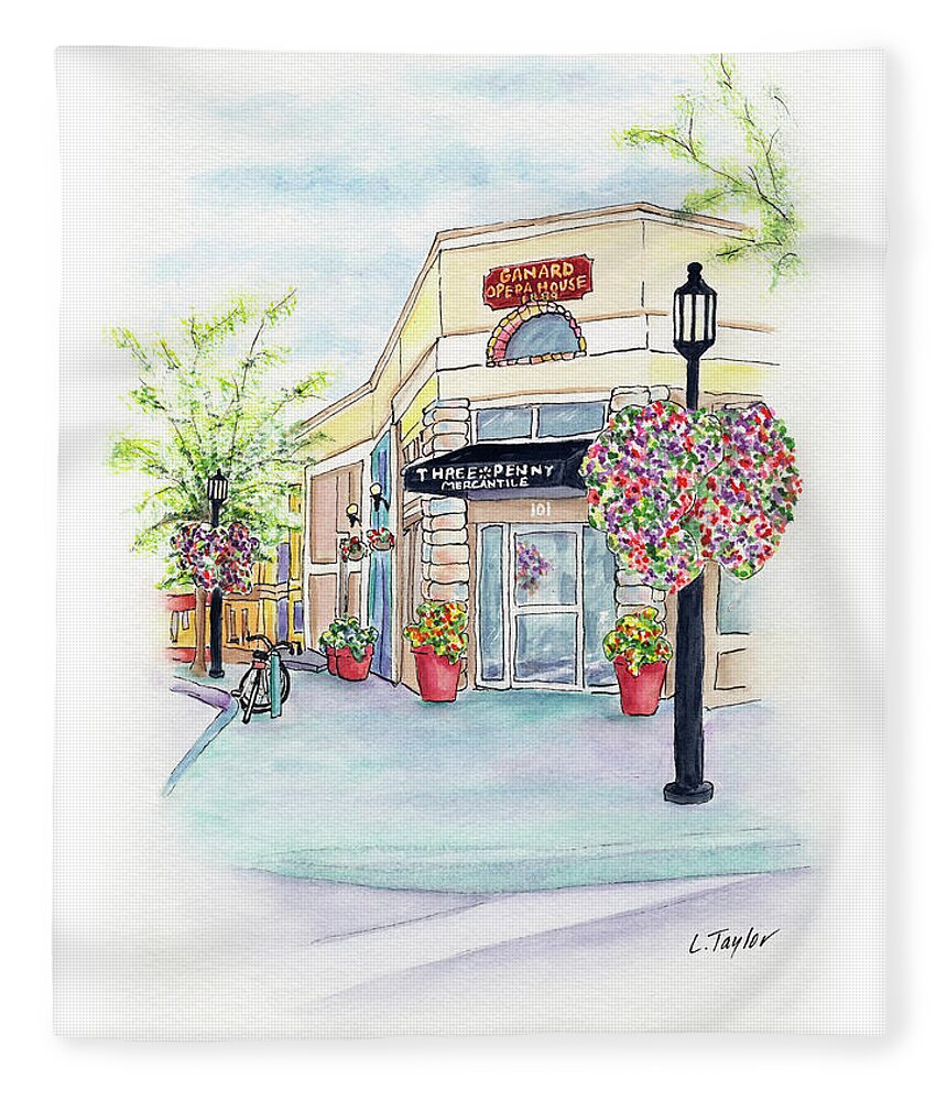 Small Town Fleece Blanket featuring the mixed media On the Corner by Lori Taylor