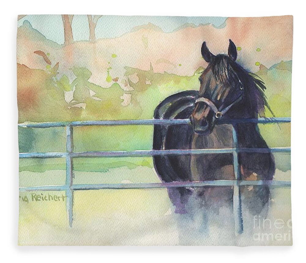 Horse Black Horse Landscape Farm Equine Art Watercolor Animals Pet Pasture Field Country Standardbred Racehorse Fleece Blanket featuring the painting On The Dark Side by Maria Reichert