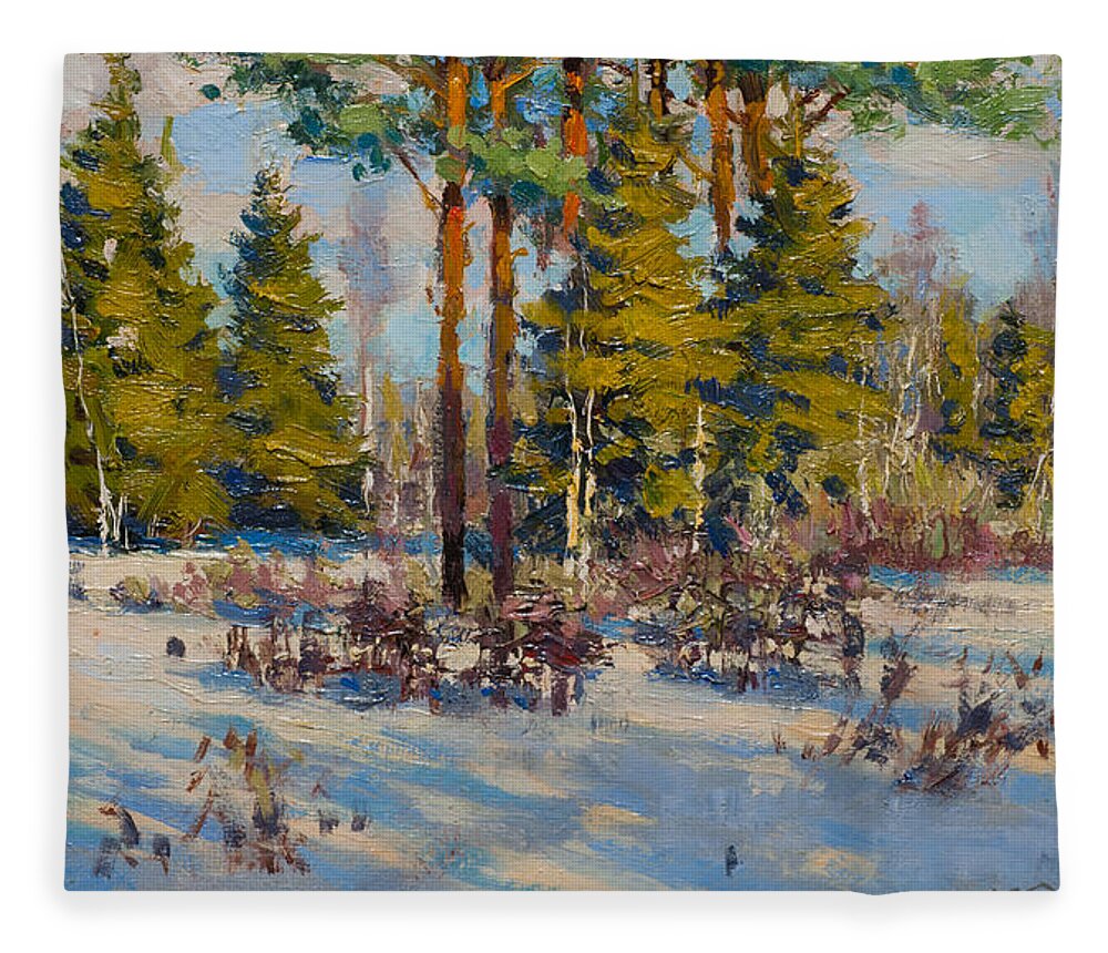 Winter Fleece Blanket featuring the painting On the Edge of Winter by Valentina Kondrashova