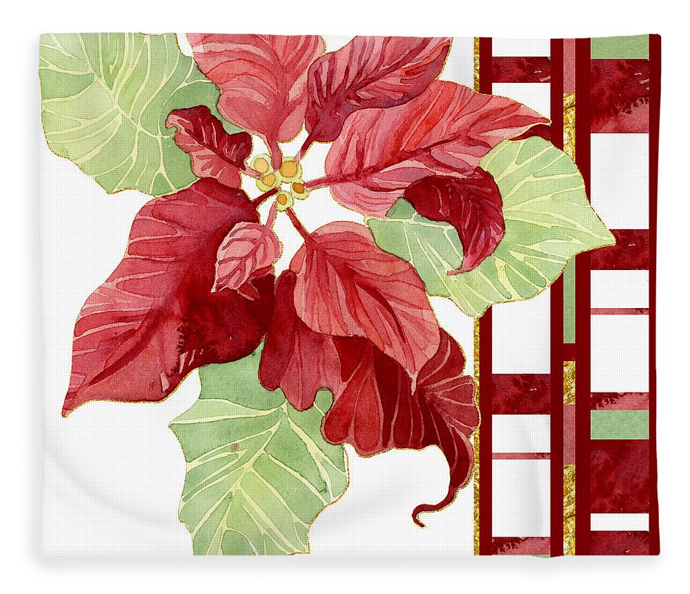 Modern Fleece Blanket featuring the painting One Perfect Poinsettia Flower w Modern Stripes by Audrey Jeanne Roberts