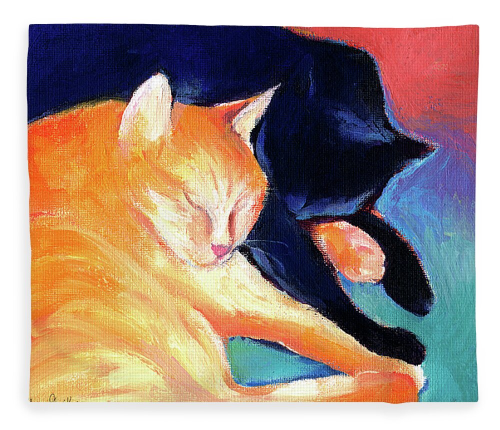 Orange Tabby Cat Painting Fleece Blanket featuring the painting Orange and Black tabby cats sleeping by Svetlana Novikova