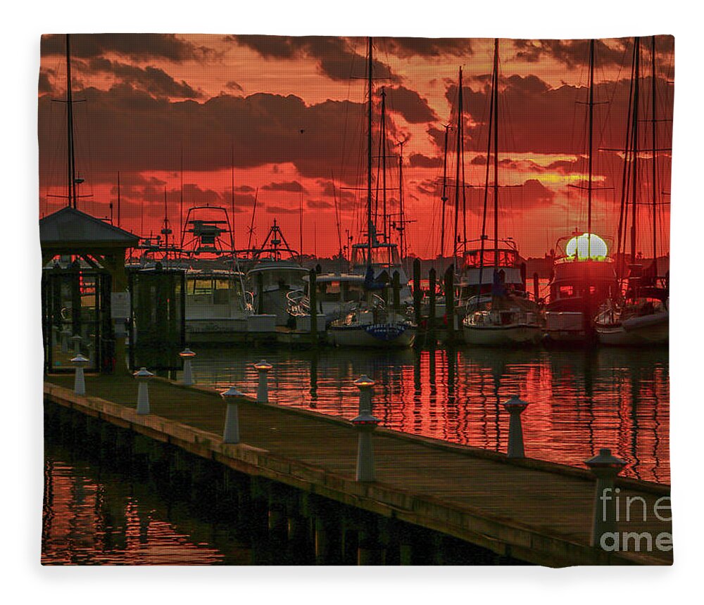 Marina Fleece Blanket featuring the photograph Orange Marina Sunrise by Tom Claud