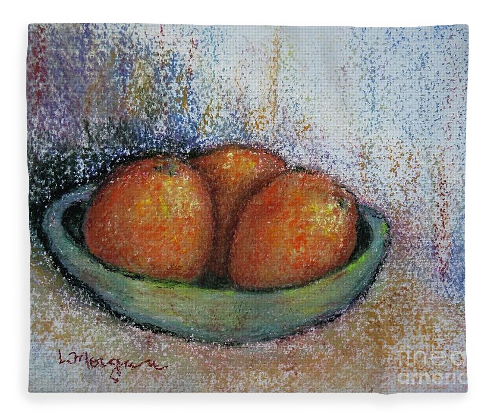 Orange Fleece Blanket featuring the painting Oranges in Celadon Bowl by Laurie Morgan