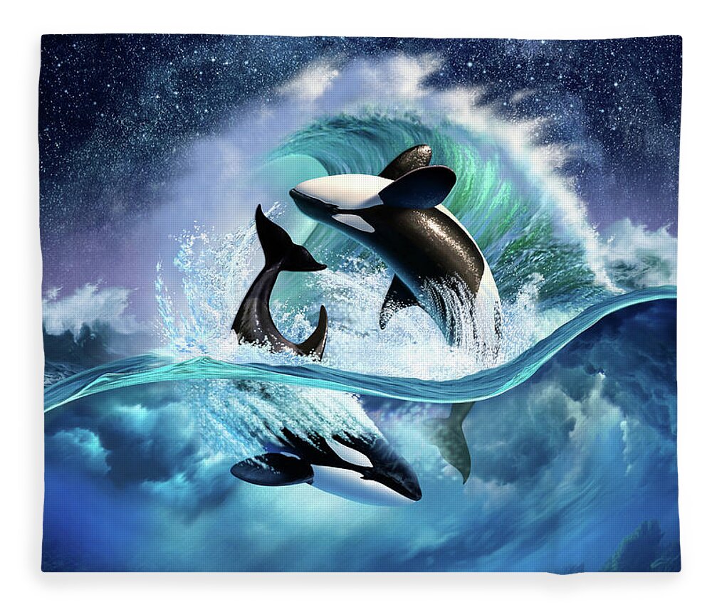 Orca Fleece Blanket featuring the digital art Orca Wave by Jerry LoFaro