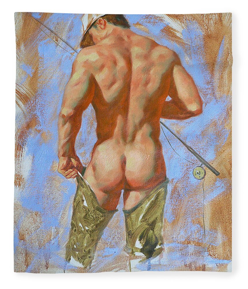 Original Art Fleece Blanket featuring the painting Original Oil Painting Art Male Nude Fisherman On Linen #16-2-20 by Hongtao Huang