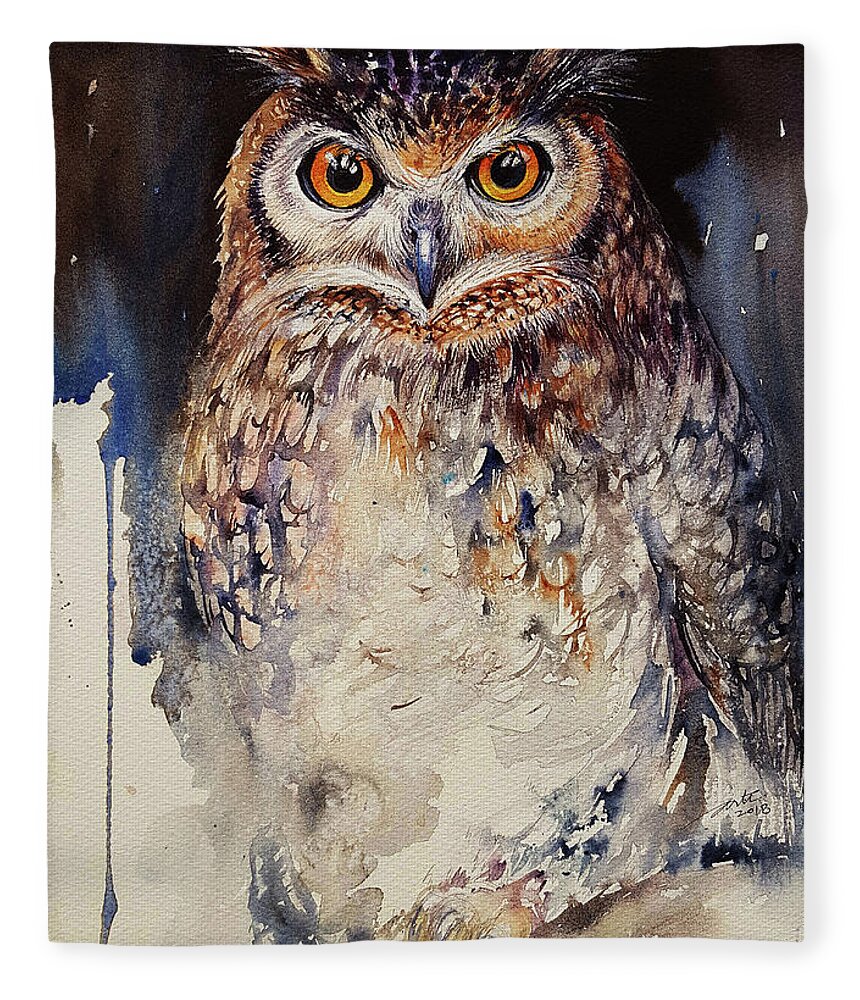 Owl Fleece Blanket featuring the painting Owl Lee by Arti Chauhan
