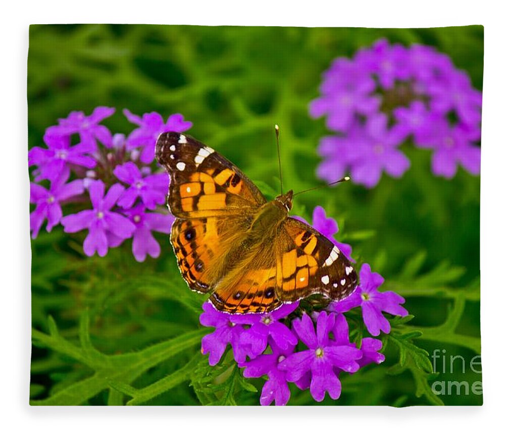 Michael Tidwell Photography Fleece Blanket featuring the photograph Painted Lady on Purple Verbena by Michael Tidwell