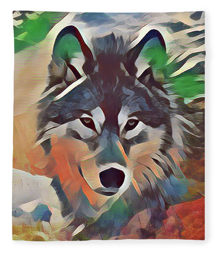 Wolf Fleece Blanket featuring the digital art Painted Wolf by Kathy Kelly