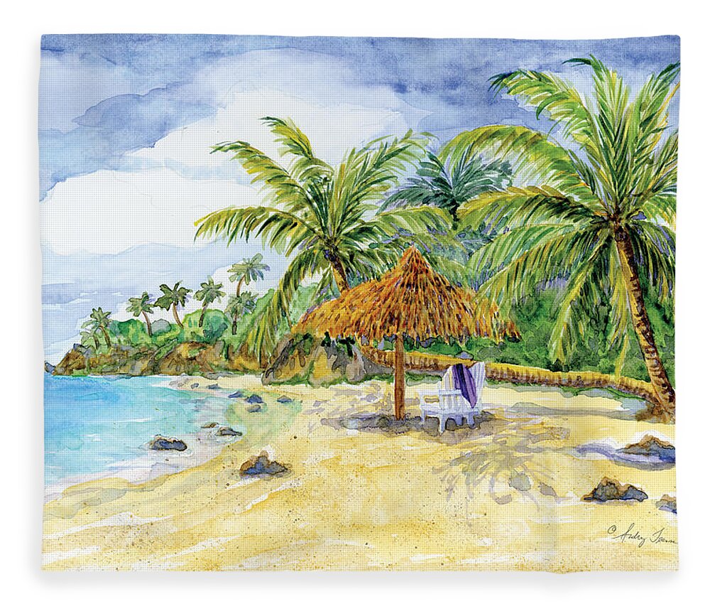 Palappa Fleece Blanket featuring the painting Palappa n Adirondack Chairs on a Caribbean Beach by Audrey Jeanne Roberts