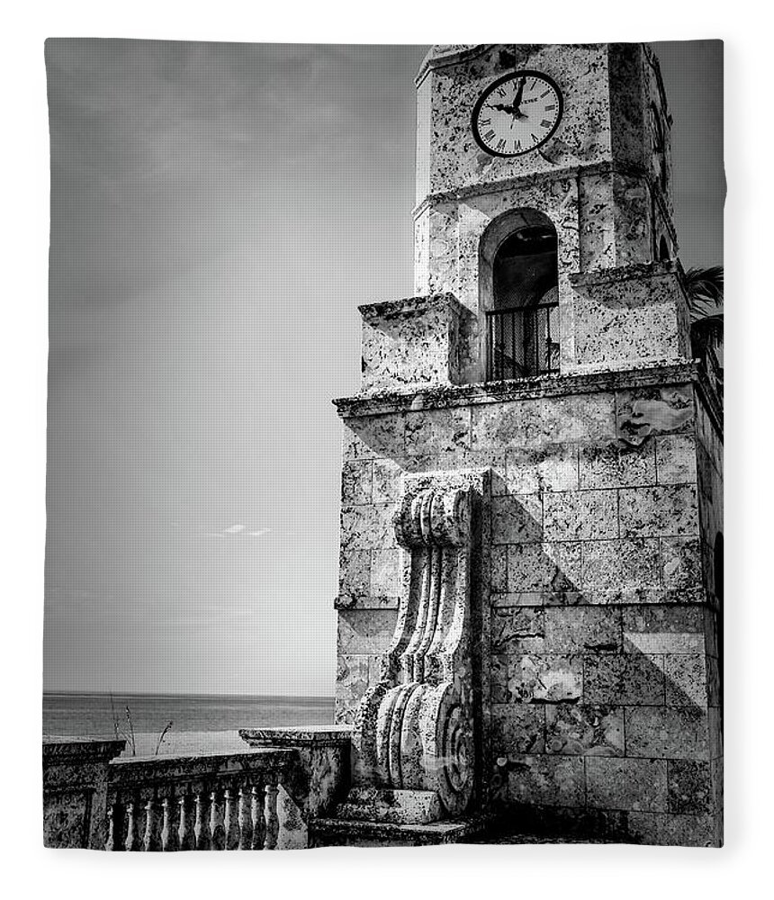 Palm Beach Fleece Blanket featuring the photograph Palm Beach Clock Tower In Black And White by Carol Montoya