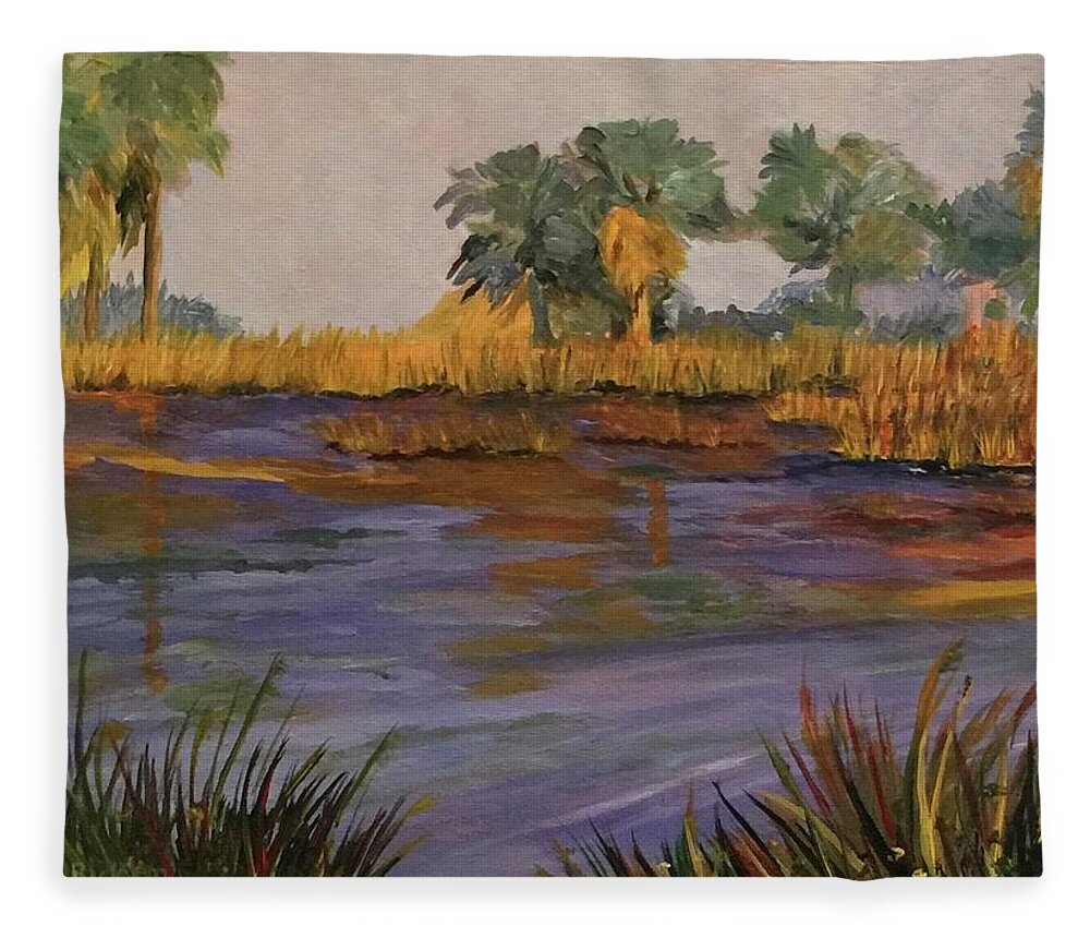 Bay Fleece Blanket featuring the painting Palm Tree Hideaway by Jane Ricker