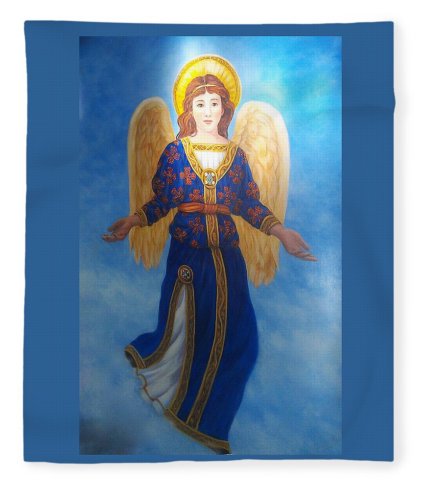 Religious Fleece Blanket featuring the painting Pam's Angel by Lynne Pittard