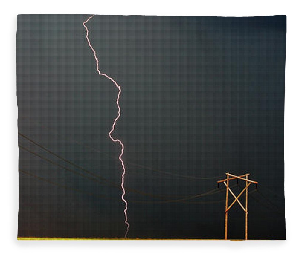  Fleece Blanket featuring the digital art Panoramic Lightning Storm and Power Poles by Mark Duffy