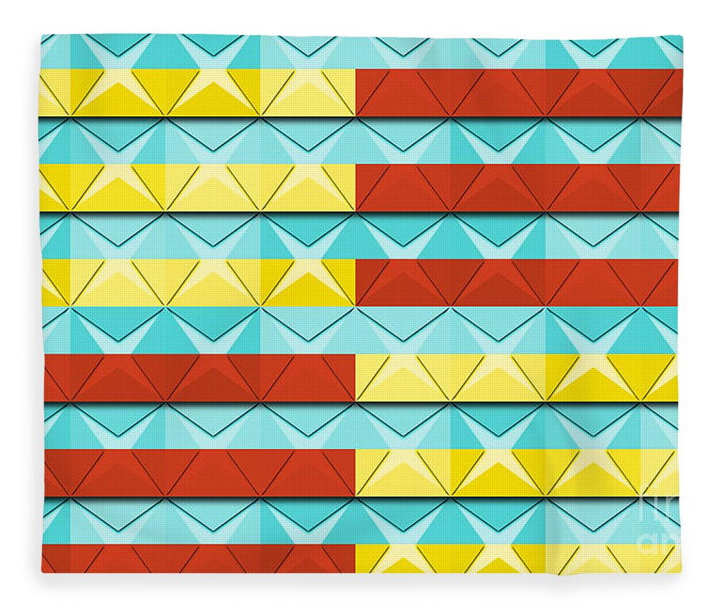Stripes Fleece Blanket featuring the digital art Paper Squares - Turquoise with Yellow and Fiesta Red Stripes No. 4 by Jason Freedman