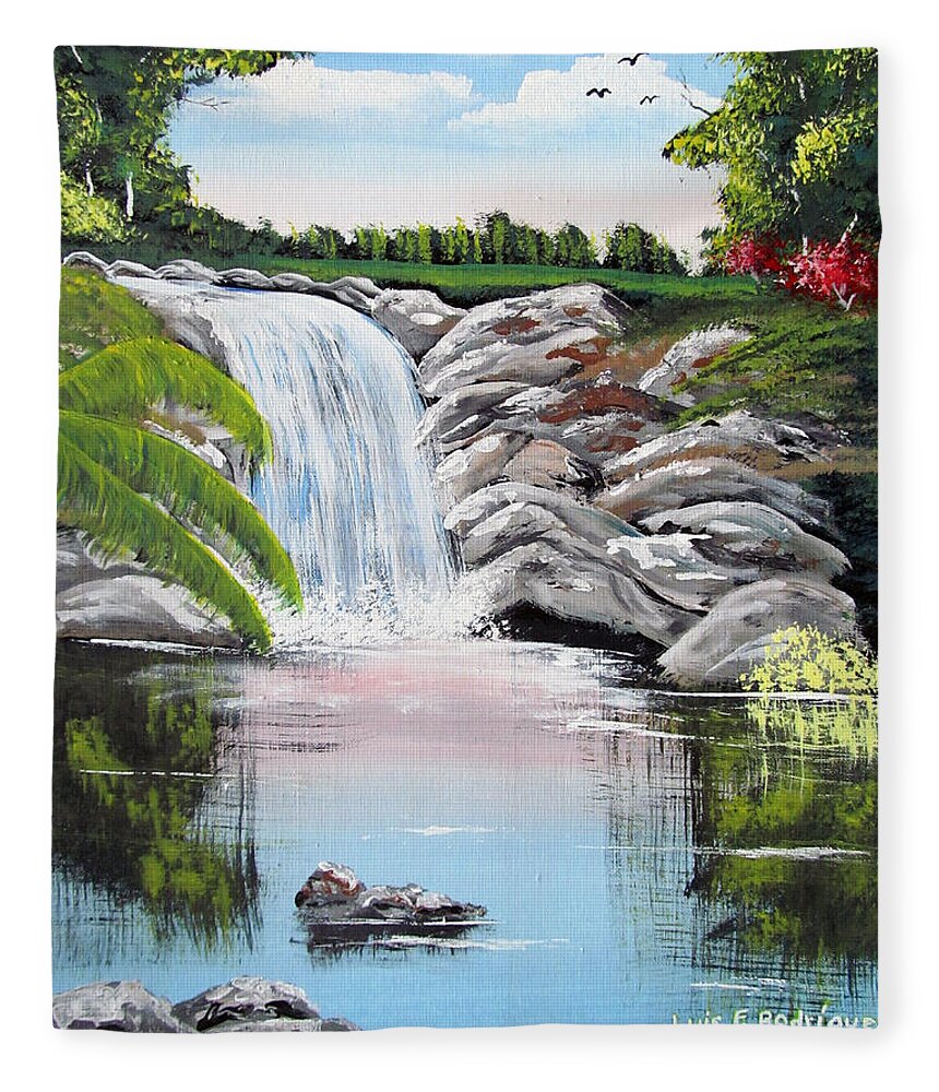 Waterfall Fleece Blanket featuring the painting Paradise Falls by Luis F Rodriguez