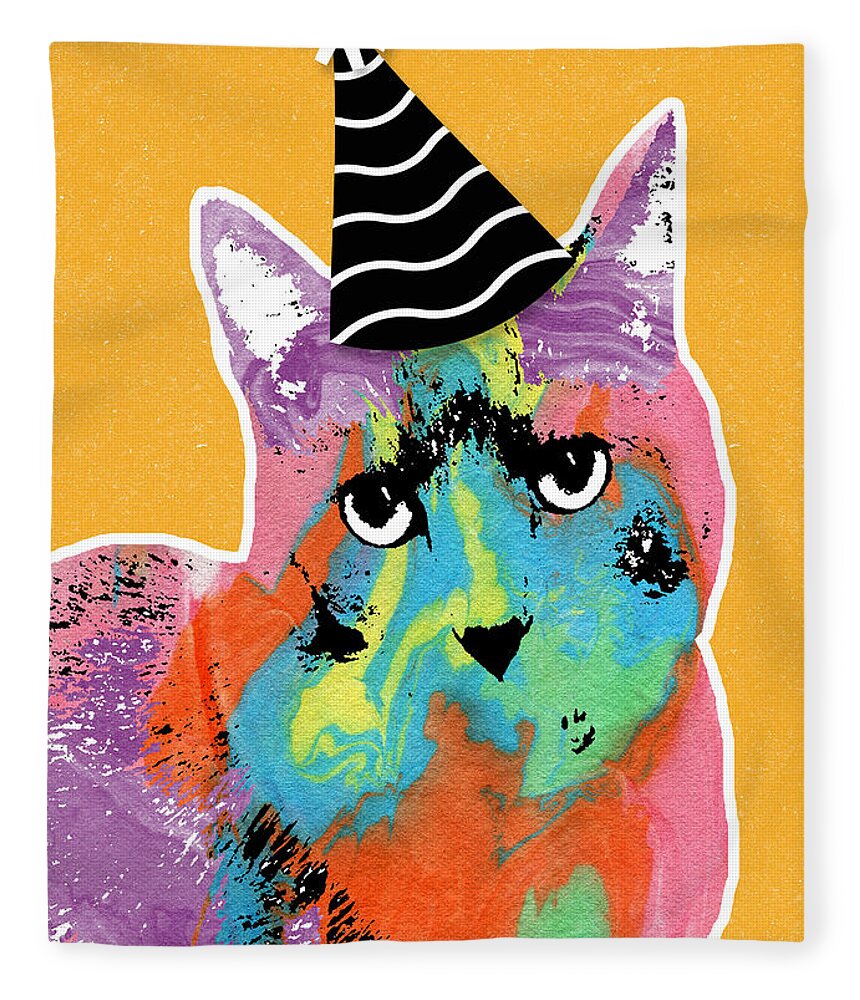 Cat Fleece Blanket featuring the mixed media Party Cat- Art by Linda Woods by Linda Woods