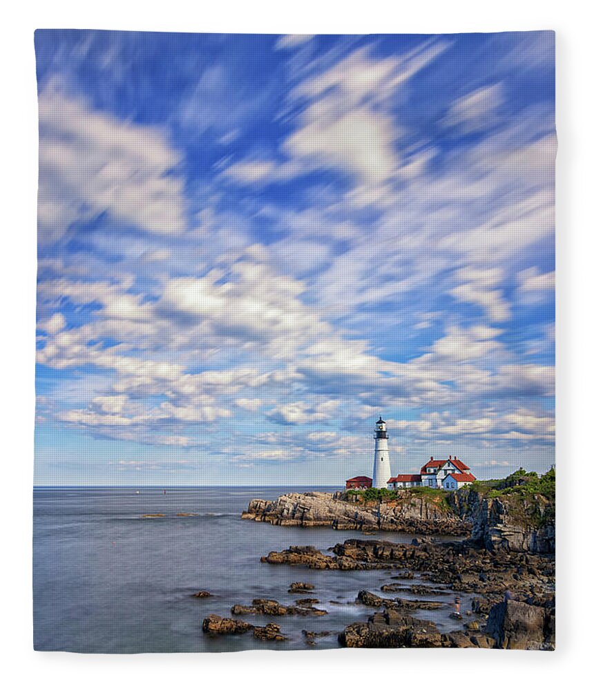 Portland Head Lighthouse Fleece Blanket featuring the photograph Passing Clouds at Portland Head Light by Kristen Wilkinson