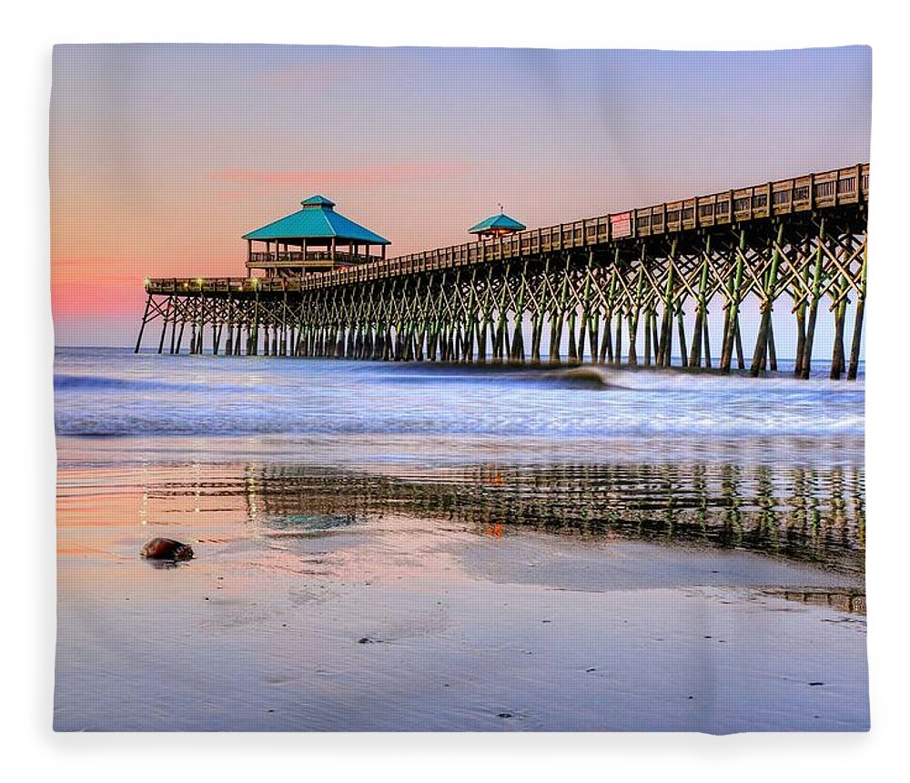 Folly Beach Fleece Blanket featuring the photograph Pastel Sunrise On Folly Beach Pier In Charleston South Carolina by Carol Montoya