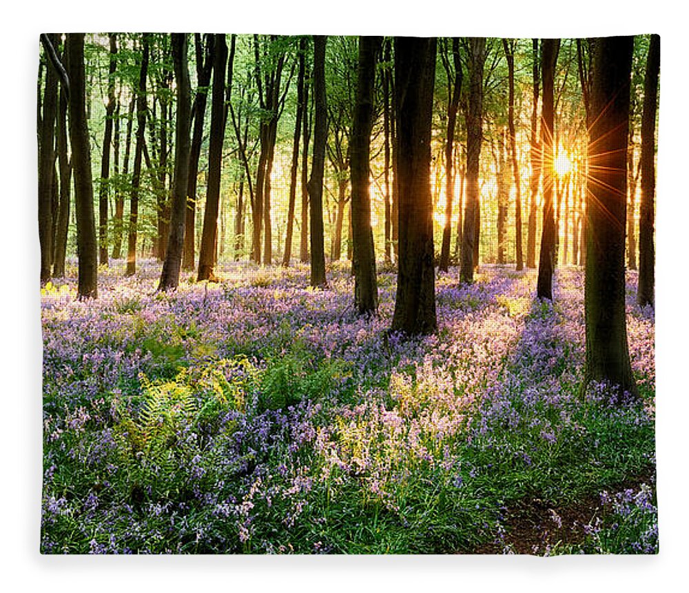 Flower Fleece Blanket featuring the photograph English bluebell woodland path by Simon Bratt