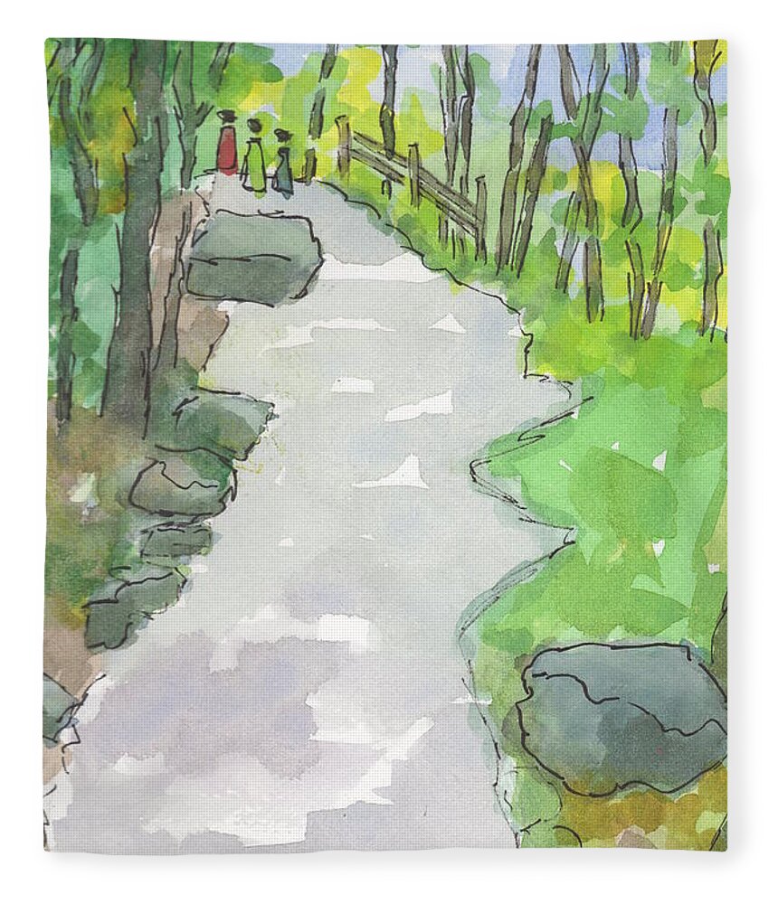 Watercolor Fleece Blanket featuring the painting Path to the Falls by Marcy Brennan