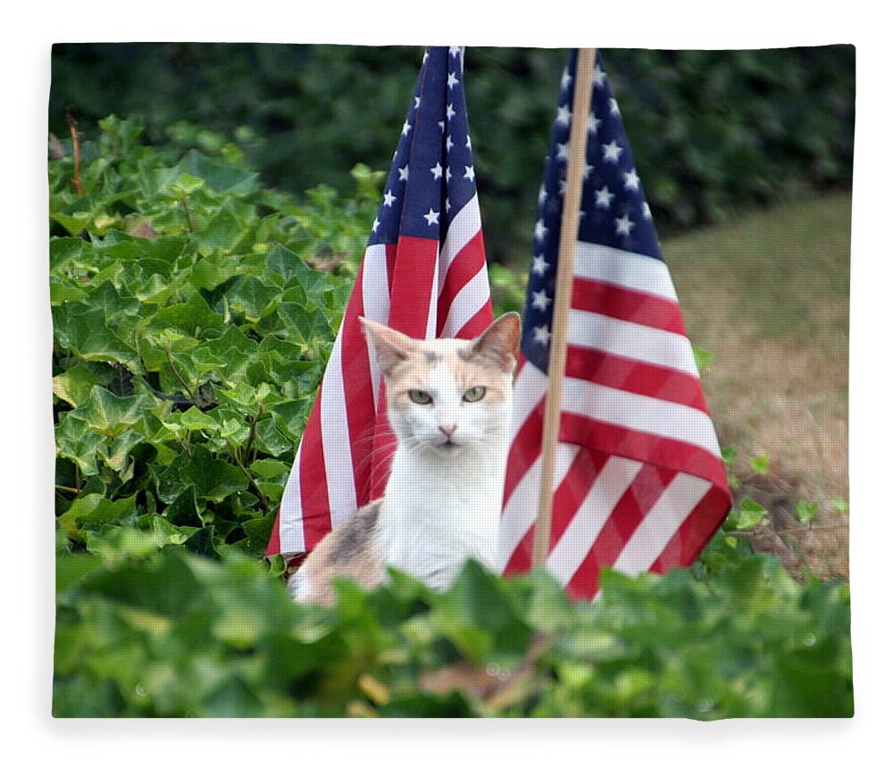 White Cat With Sandy-colored Spots Fleece Blanket featuring the photograph Patriotic Cat by Valerie Collins