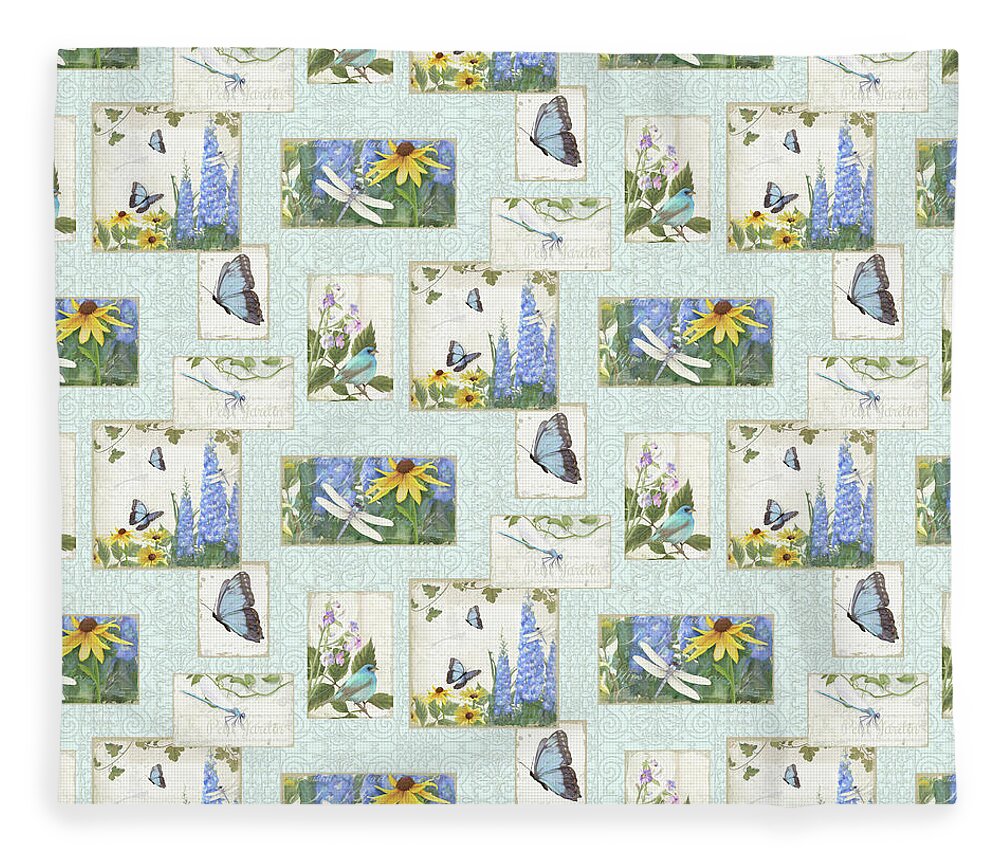 Half Drop Repeat Fleece Blanket featuring the painting Pattern Butterflies Dragonflies Birds and Blue and Yellow Floral by Audrey Jeanne Roberts