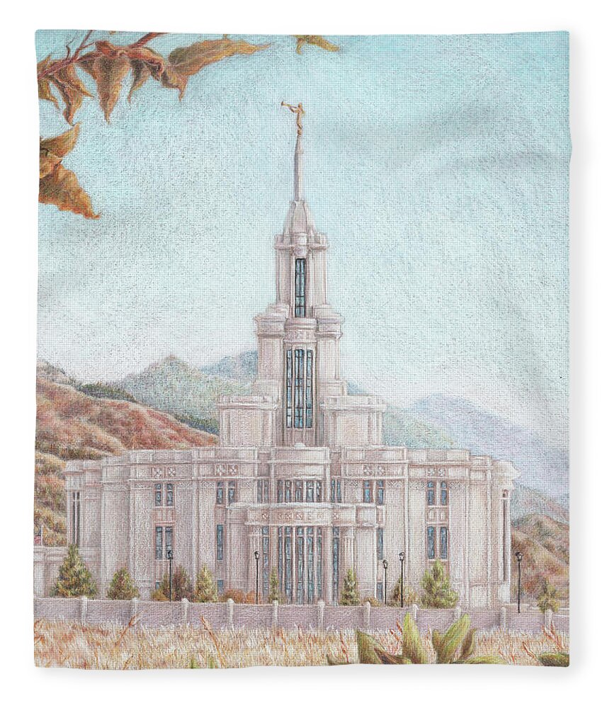 Lds Fleece Blanket featuring the drawing Payson UT LDS Temple by Pris Hardy