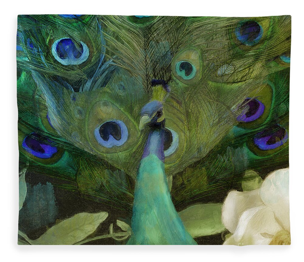 Peacock Fleece Blanket featuring the painting Peacock and Magnolia I by Mindy Sommers